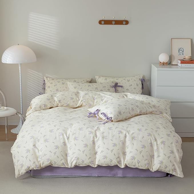 AOJIM Purple Floral Print Duvet Cover Queen Size for Room Decor, Vintage Style Cotton Kids Adults Comforter Cover Set, 1 Soft Quilt Cover 68x86'' and 2 Pillowcases 20x26'' with Bowknot, No Comforter