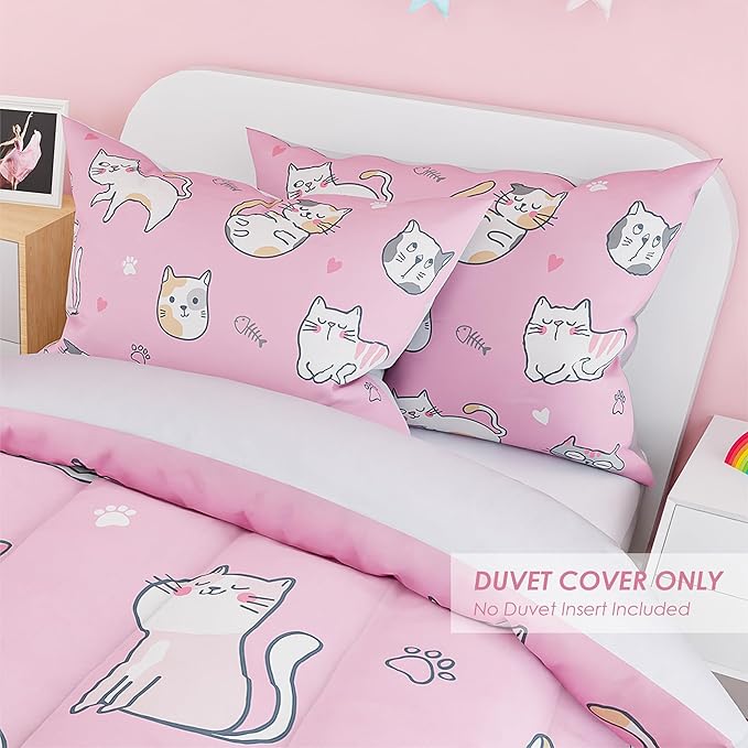 Cat Duvet Cover Sets Full Size for Kids Girls, Incude 1 Polyester Comforter Cover 80x90 Inches and 2 Pillowcases 20x26 Inches, Comforter Not Included, Gift for Christmas Birthday