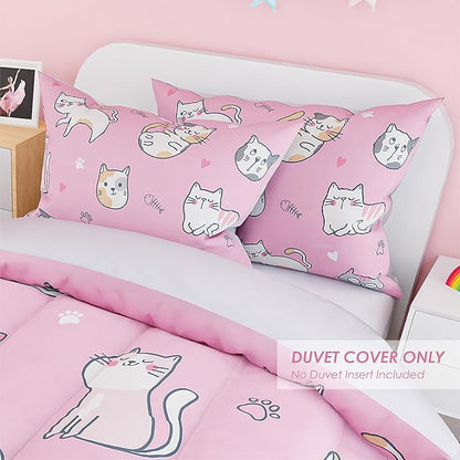 Cat Duvet Cover Sets Full Size for Kids Girls, Incude 1 Polyester Comforter Cover 80x90 Inches and 2 Pillowcases 20x26 Inches, Comforter Not Included, Gift for Christmas Birthday