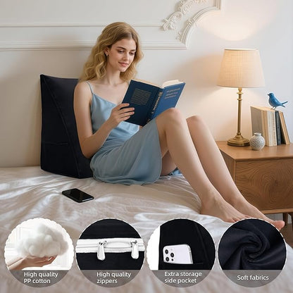 Wedge Headboard Reading Pillow for Bed Velvet Triangular Backrest Bolster Pillow for Sitting Up Daybed Cushion Lumbar Body Support Positioning for Headboard, Couch, Dorm, Black