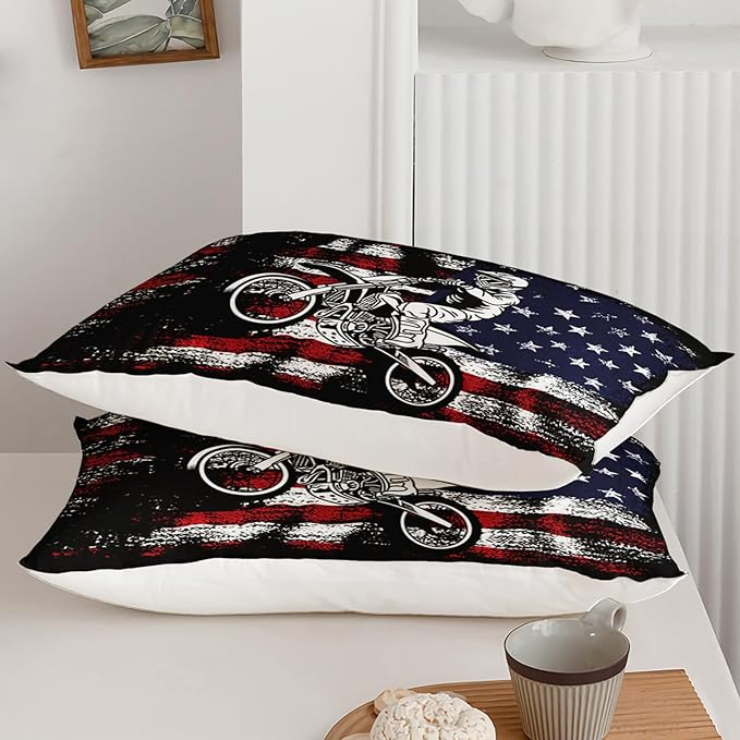 Axolotl Dirt Bike Comforter Set King,American Flag Bedding Set,Motocross Comforter for Boys,White Red Stripes Stars Comforter,Motorcycle Racer Bedding for Kids Teens Men,1 Quilt 2 Pillowcases