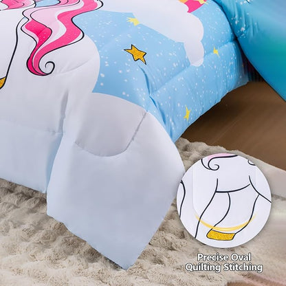 Unicorn Queen Bedding Sets for Girls Kids Teens, 8 Piece Bed in a Bag Purple Rainbow Theme Unicorn Comforter Set Bedroom Decor with Printed Sheet Set