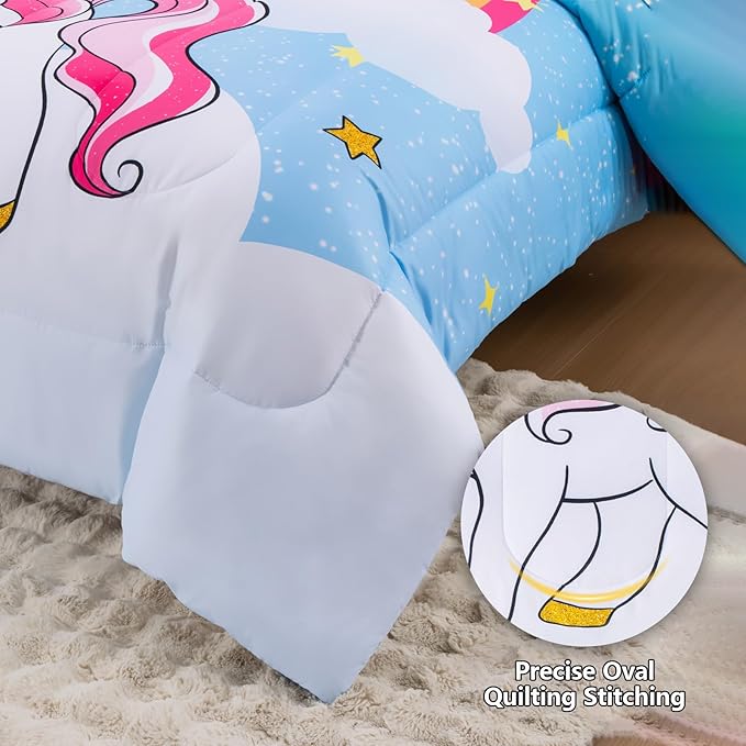 Unicorn Twin Bedding Sets for Girls Kids Teens, 6 Piece Bed in a Bag Purple Rainbow Theme Unicorn Comforter Set Bedroom Decor with Printed Sheet Set