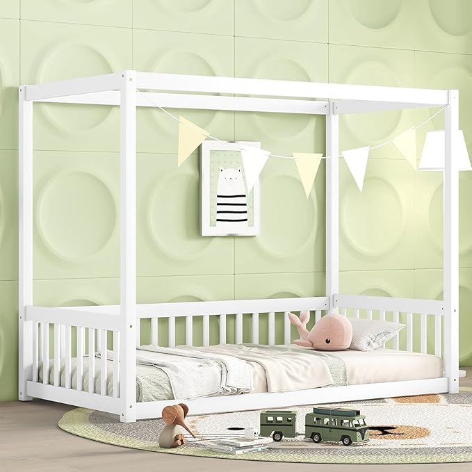 MERITLINE Full Canopy Bed Frame with Fence,Solid Wood Montessori Floor Bed with Guardrail, Easy to Assemble (White)