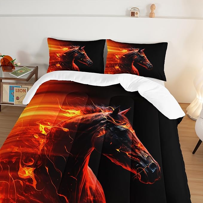 Western Bedding Horse Comforter Sets,Animal Printed Bed Set Twin Size for Kids Teens Room Decor,Horse Orange Flames Pattern Comforter for Boys Bedding Set with 2 Pillowcases.