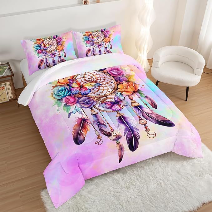Pink Dream Catcher Comforter Set for Kids Teens Girls Room Decor,Feather Floral Comforter Full Size,Boho Style Butterfly Print Bedding Comforter Set with 2 Pillowcases.