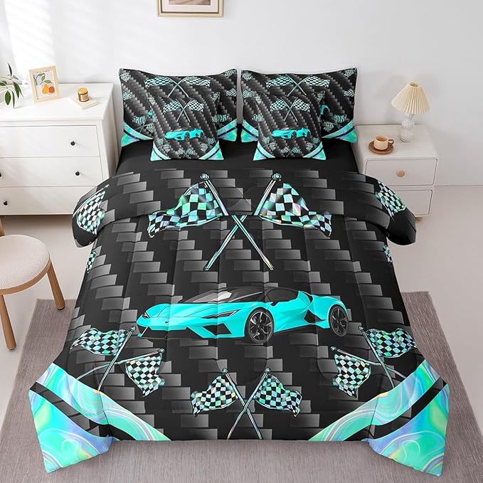 Feelyou Teal Race Car 7 Piece Bedding Set Queen Size Extreme Sports Comforter Set with Sheets for Kids Teens Adult Fast and Furious Bed in a Bag Dazzling Flag Bed Set