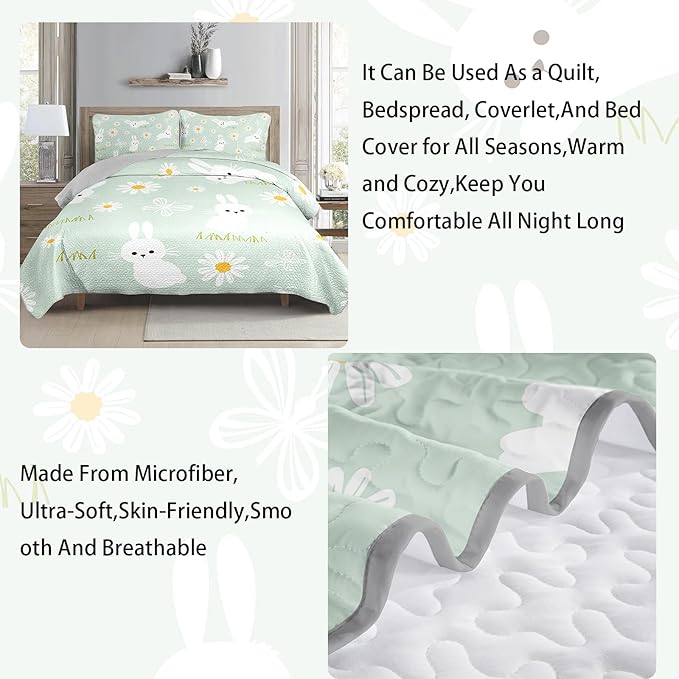 AILONEN Cartoon Rabbit Full Size,Floral Bunny Bedspread Coverlet for Kids,3Pcs Kawaii Animal Printed Green Quilt & 2 Pillowcases,Soft Lightweight