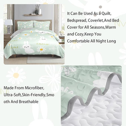 AILONEN Cartoon Rabbit Full Size,Floral Bunny Bedspread Coverlet for Kids,3Pcs Kawaii Animal Printed Green Quilt & 2 Pillowcases,Soft Lightweight