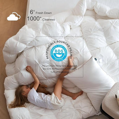 Royoliving Premium Feathers Down Comforter 100% Cotton Cover Duvet Insert with Corner Tabs (White Twisted Flower, King All Season)
