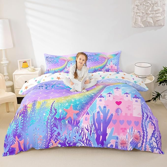 Mermaid Tail Duvet Cover Set Twin Size,Rainbow Watercolor Mermaid Scale Bedding Set for Kids Girls Women Bedroom Decor,Fantasy Coral Castle Comforter Cover Girly Dreamy Quilt Cover,1 Pillowcase