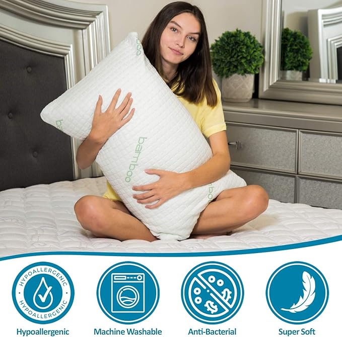 2 Pack King Size Rayon Derived from Bamboo Pillows, Cooling Shredded Memory Foam Pillow Sets for Sleeping for Back, Stomach, Side Sleepers, Adjustable,, Washable Cover, King (Pack of 2)