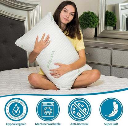 2 Pack Queen Size Rayon Derived from Bamboo Pillows, Cooling Shredded Memory Foam Pillow Sets for Sleeping for Back, Stomach, Side Sleepers, Adjustable,, Washable Cover, Queen (Pack of 2)