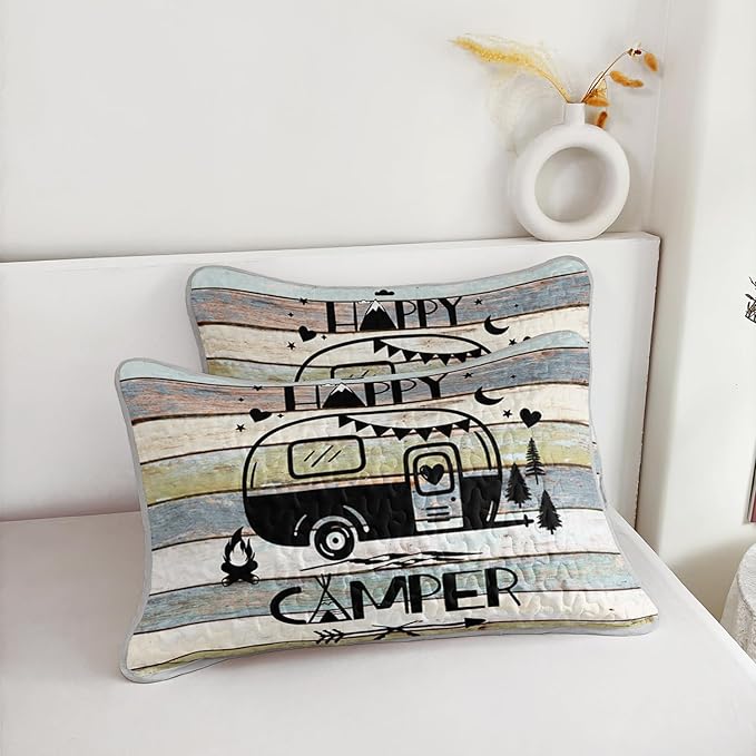 HOSIMA Vintage Camper King Quilt Set,Lightweight Bedding Set for Adults,Camping Travel Trailer Printed Quilt for Camper Decor,Happy Camping Themed Bedding with 2 Pillowcases.