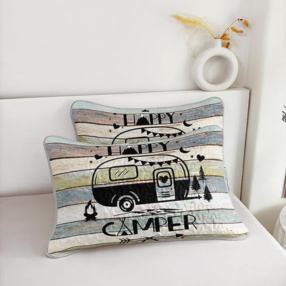 HOSIMA Vintage Camper King Quilt Set,Lightweight Bedding Set for Adults,Camping Travel Trailer Printed Quilt for Camper Decor,Happy Camping Themed Bedding with 2 Pillowcases.