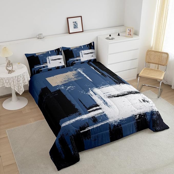 Feelyou Abstract Bedding Set Comforter Set for Kids Boys Girls Teens Room Decor Modern Abstract Art Comforter Blue Black Grey Duvet Set 3Pcs King Size