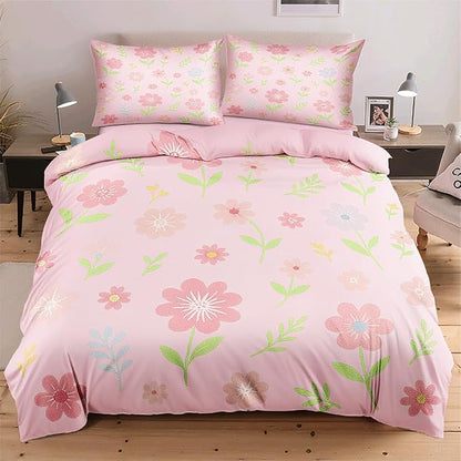 Pink Flower Duvet Cover Sets Twin Size for Girls Kids, Pink Floral Comforter Cover with 1 Duvet Cover 69x90 Inches and 1 Pillowcase 20x26 Inches (Twin,No Comforter)