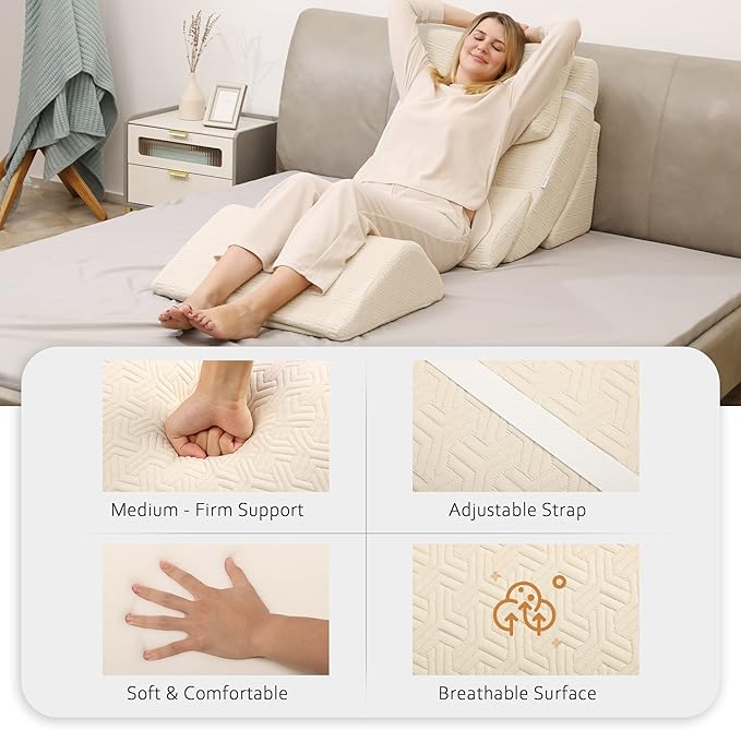 Betterhood 5pcs Orthopedic Bed Wedge Pillow Set, Adjustable Memory Foam, Post Surgery Foam for Back Neck & Leg Pain Relief Support, Acid Reflux, Snoring Reading, Sleeping, Sitting up, Beige