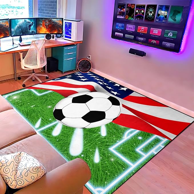 Soccer Rugs for Boys Bedroom - Sports Rug for Boys Bedroom Decor Football Carpet, Football Room Decor for Teens Kids Carpet, Soccer Field Carpet for Playroom Living Room, 2.5x4 Feet