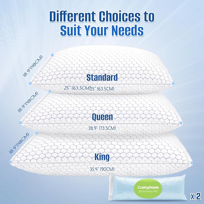 Shredded Memory Foam Pillow for Sleeping, Cooling Bed Pillows Set of 2, Adjustable Pillows for Side, Back, Stomach Sleepers with Washable Pillowcase (King Size)