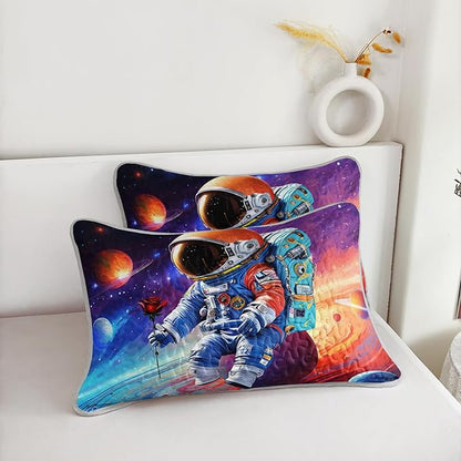 AILONEN Kids Astronaut Quilt Set - Full Galaxy Outer Space Themed Soft Bedspread Coverlet - Dreamy Planets Rose Printed Astronaut Cartoon Quilted Bedding + 2 Pillowcases