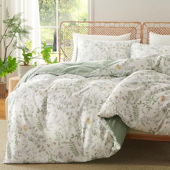 Botanical Duvet Cover Twin Sage Green Reversible Floral Bedding Set Farmhouse Leaf Bedding 2Pcs Modern Aesthetic Duvet Covers with Zipper Closure Ultra Soft Microfiber