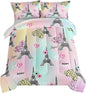 HOSIMA Eiffel Tower Comforter Rainbow Bedding Sets 3Pieces,Lovers Sweet Couple Paris Bedroom Comforter Set,Leopard Print Heart Full Size Comforter Sets Modern French Style Girls Bedroom Decor.