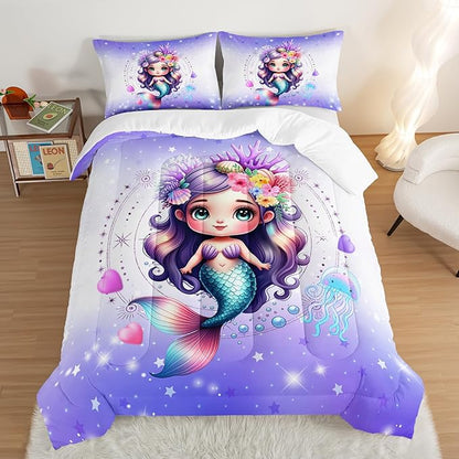 Cute Mermaid Pattern Queen Comforter Set,Star Jellyfish Ocean Themed Bedding Sets for Kids Toddlers Girls Boys Room Decor,Princess Bedding with 2 Pillowcases.