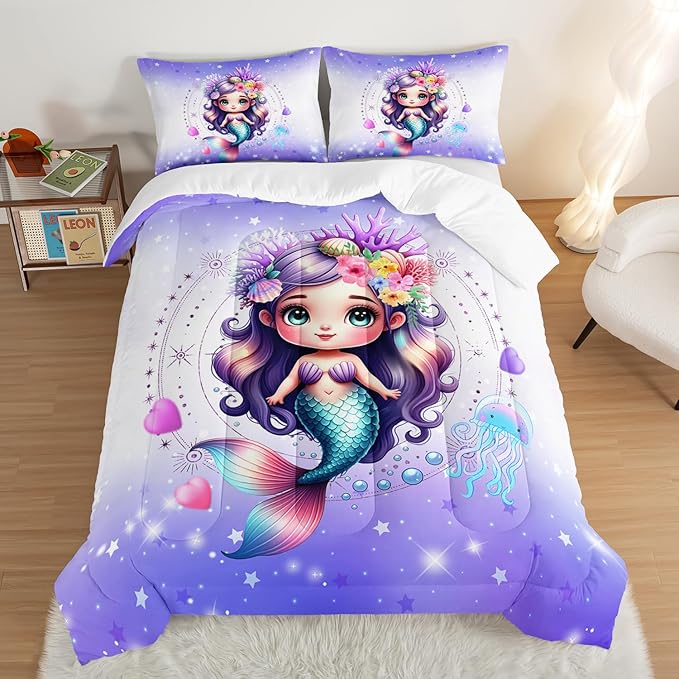 Cute Mermaid Pattern King Comforter Set,Star Jellyfish Ocean Themed Bedding Sets for Kids Toddlers Girls Boys Room Decor,Princess Bedding with 2 Pillowcases.