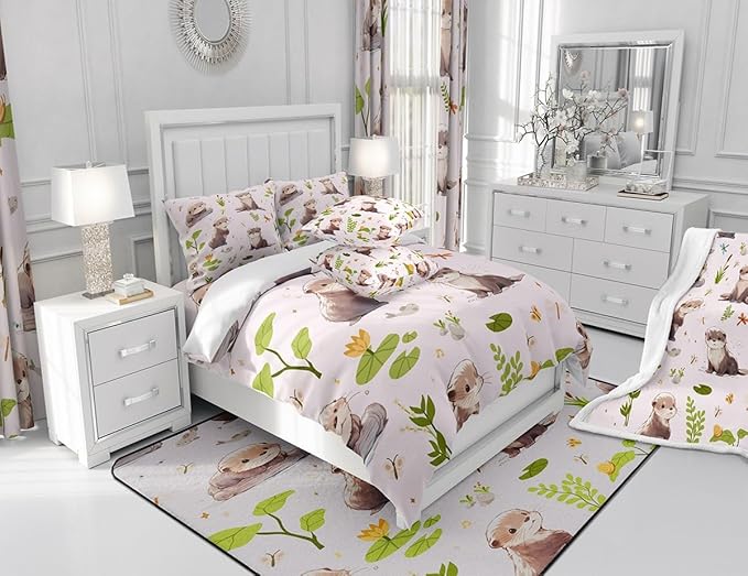 Cartoon Otter Comforter Set Cute Butterfly Wild Dragonfly Bedding Comforter for Kids Girls Teens Watercolor Lotus Leaf Lovely Wild Animal Bedroom Quilt Set with 2 Pillowcases Queen Size 3 Pcs