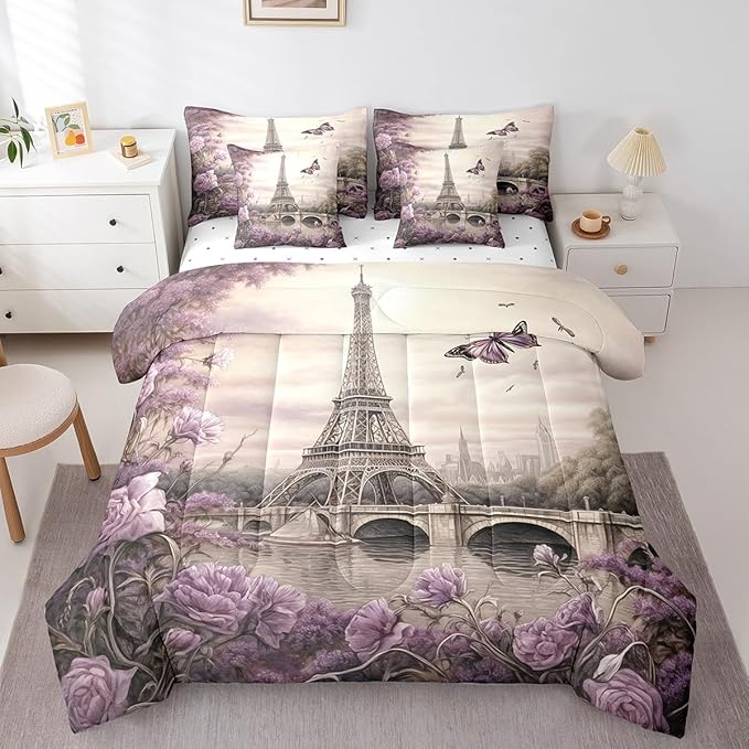 Feelyou Eiffel Tower Comforter Set with Sheets Full Size Paris 7 Piece Bedding Set for Kids Boys Girls Teens Toddler Purple Flower and Butterfly Bed in a Bag Vintage Retro Bed Set