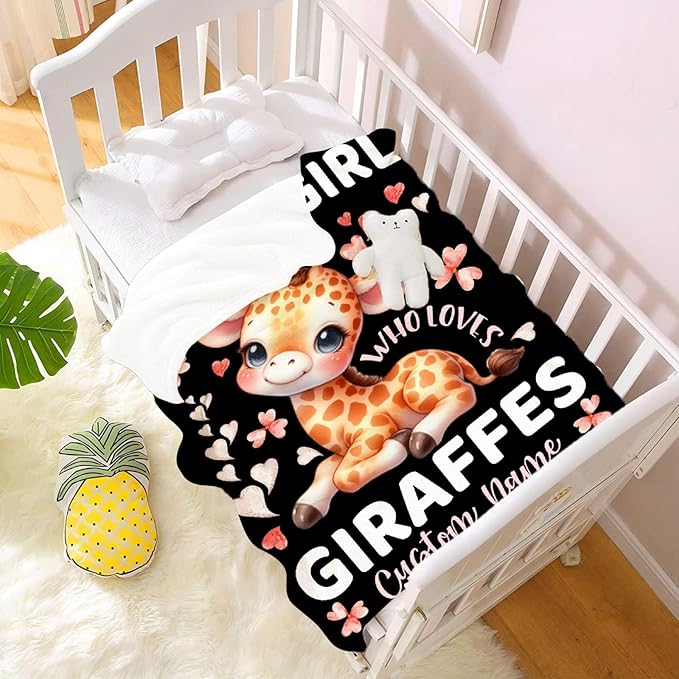 Giraffe Custom Blanket with Name Throw Blanket for Girls Just A Girl Who Loves Giraffe Gifts for Women Soft Comfortable for Bedding Couch Camping Traveling 30x40inches