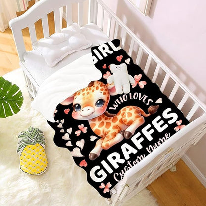 Giraffe Custom Blanket with Name Throw Blanket for Girls Just A Girl Who Loves Giraffe Gifts for Women Soft Comfortable for Bedding Couch Camping Traveling 30x40inches