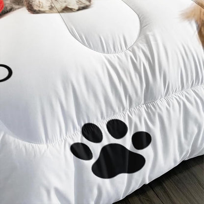 Cute Dog Comforter Set, Cartoon Paw and Bone Print Bedding Home Decor, Pet Puppy White Comforter Full Size