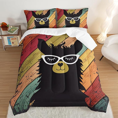 HOSIMA Llama Comforter with 2 Pillowcases Funny Room Decor,with Handsome Alpaca Pattern Vintage Colorful Wood Grain Bedding Set for Boys Girls Teens,Animal Bedding Full Size Comforter.
