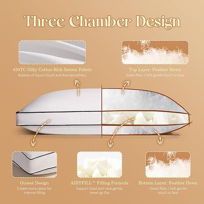 Feather Down Pillows King Size Set of 2 with Gusset, Luxury Hotel Collection Bed Pillow 2 Pack, Down Surrounded Pillows for Sleeping, Soft Fluffy for Side, Back Sleepers 18x34x2 in.