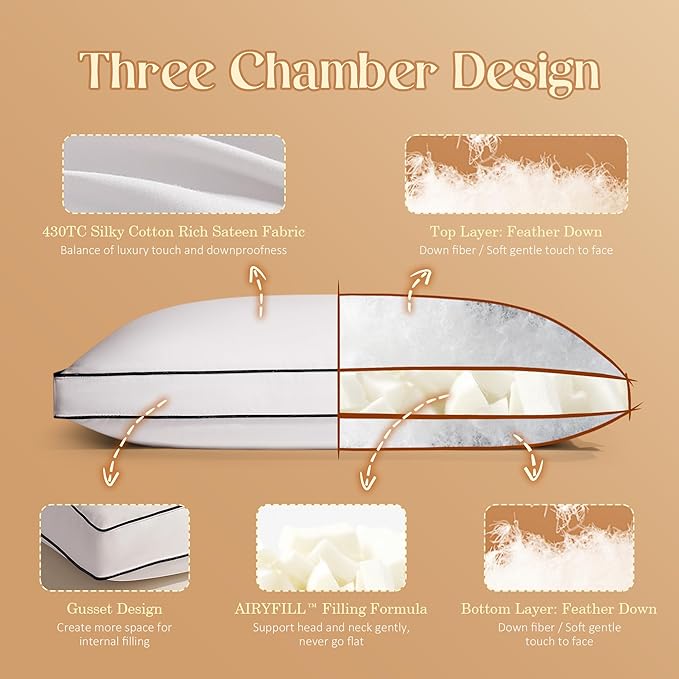 Feather Down Pillows Queen Size Set of 2 with Gusset, Luxury Hotel Collection Bed Pillow 2 Pack, Down Surrounded Gusseted Pillows for Sleeping, Soft Fluffy for Side, Back Sleepers 20x28+2 in.