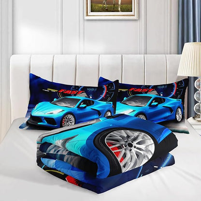 AILONEN Blue Racing Car Comforter Set,Extreme Sports Car Bedding Set for Boys,Teens Full Size, Automobile Cool Duvet Set,3-Piece,1 Quilt and 2 Pillowcases