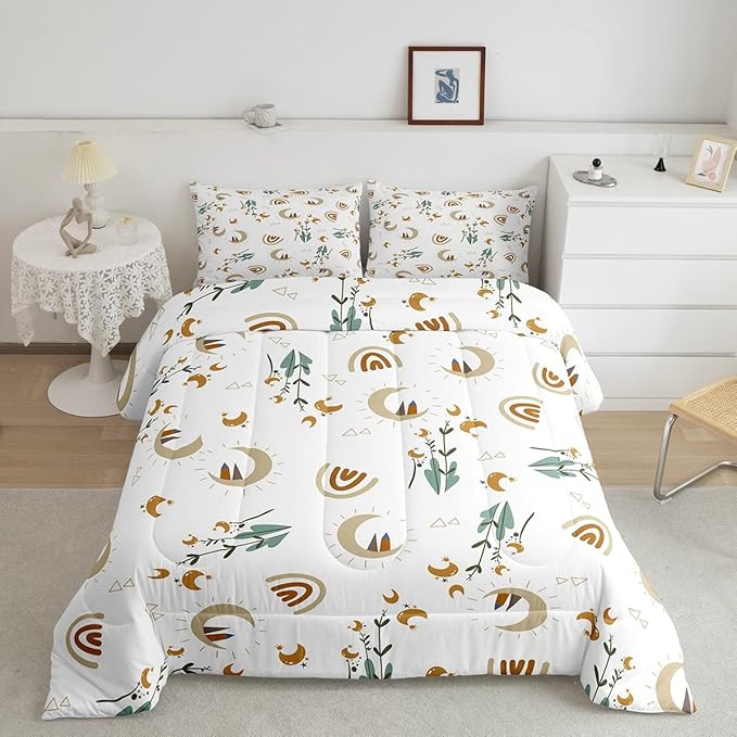 Feelyou Girls Rainbow Cute Comforter Set Wildflower Moon Girly Comforter Soft Quilt for Kids Boys Cartoon Boho Bedding Set Collection 3Pcs Queen Size Boys
