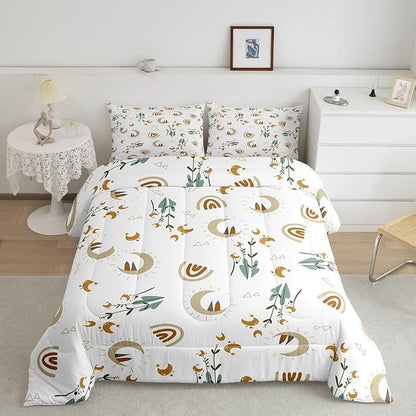 Feelyou Girls Rainbow Cute Comforter Set Wildflower Moon Girly Comforter Soft Quilt for Kids Boys Cartoon Boho Bedding Set Collection 3Pcs Queen Size Boys