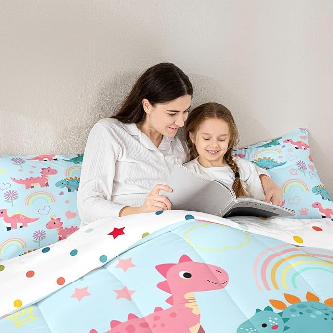 Kawaii Dino Kids Comforter Set Toddler Size,Cute Rainbow Floral Love Heart Reversible Quilt Set for Boys Bedroom Decor,Blue Pink Dinosaur Cartoon Animal Duvet Insert,1 Pillowcase