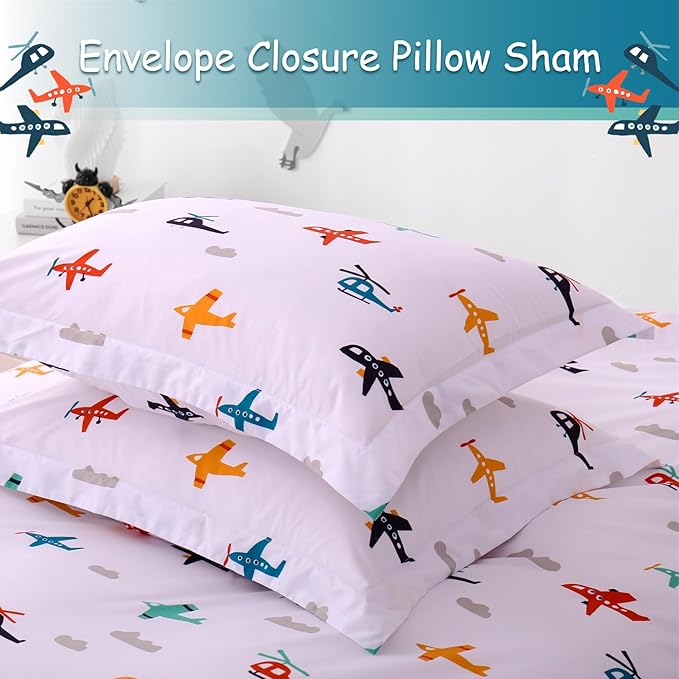 JSD Airplane Kids Duvet Cover Set Full Size, 3 Piece Soft Printed Microfiber Comforter Cover with Pillow Sham Zipper Closure, Comforter Not Included