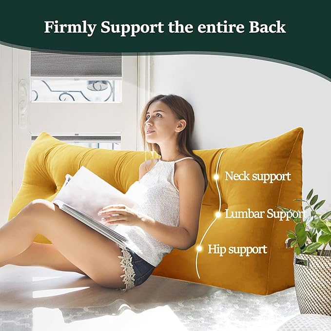 Headboard Wedge Pillow Large Bolster Reading Pillows for Sitting in Bed Adult， Velvet Triangular Cushion Backrest Lumbar Back Support Upholstered Daybed Sit Up Book Pillows（Yellow, Queen）