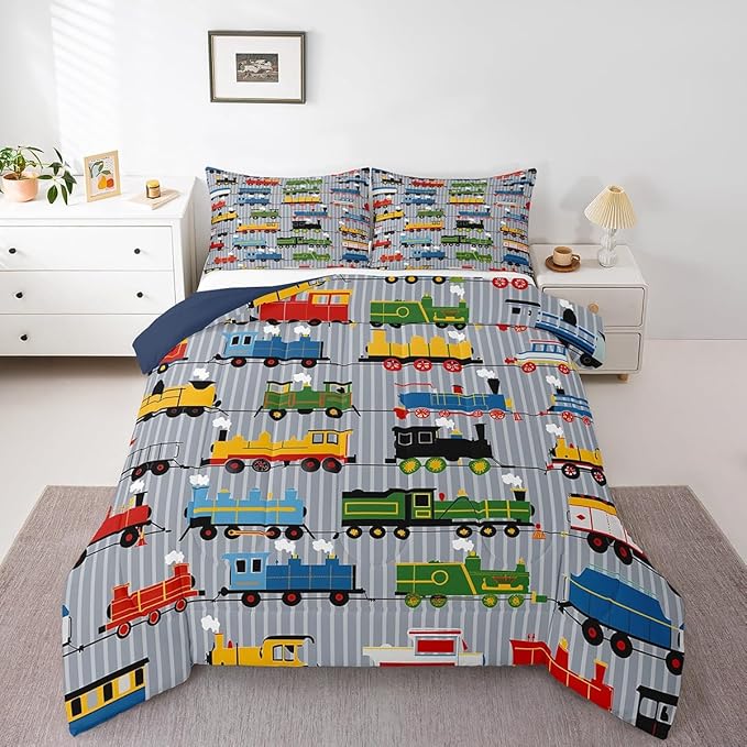 Erosebridal Boys Comforter Set Toddler Size Train Bedding, Colorful Steam Engine Truck Bedding Comforter Sets for Kids Girls Toddler Train Transportation Quilted Duvet 2Pcs,Gray, Blue, Red, Yellow