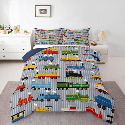Erosebridal Boys Comforter Set Toddler Size Train Bedding, Colorful Steam Engine Truck Bedding Comforter Sets for Kids Girls Toddler Train Transportation Quilted Duvet 2Pcs,Gray, Blue, Red, Yellow