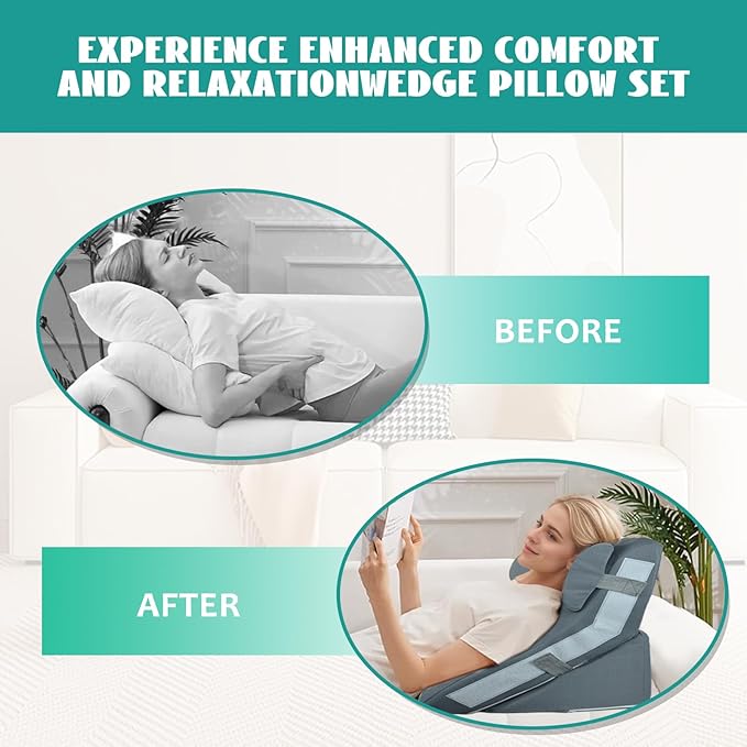 3PCS Wedge Pillow Set for After Surgery, Wedge Pillow for Acid Reflux Relief, Adjustable 9&12inch for Headboard, Orthopedic Memory Foam for Neck&Back Support,Grey