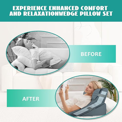 3PCS Wedge Pillow Set for After Surgery, Wedge Pillow for Acid Reflux Relief, Adjustable 9&12inch for Headboard, Orthopedic Memory Foam for Neck&Back Support,Grey