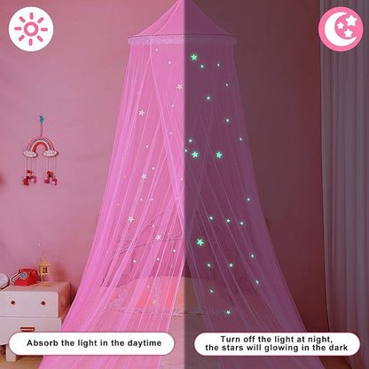 FIOBEE Bed Canopy for Girls Room Bed Canopy Curtains with Led Lights Mosquito Net DIY Princess Room Décor with Stars Butterflies for Kids Bedroom, Hot Pink