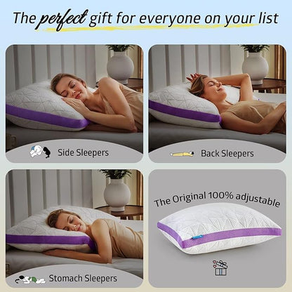BETU Cooling Pillows Queen Size Set of 2, Shredded Memory Foam Pillows Cool for Hot Sleepers, Adjustable Firm Soft Support Bed Pillow Perfect for Back Neck Pain and Side Sleeping with Cover, Purple