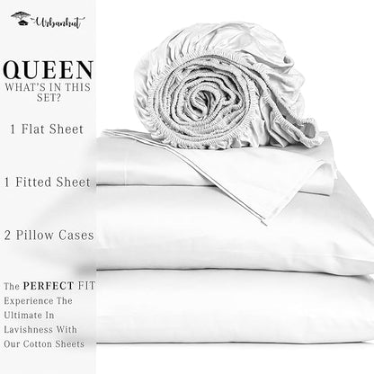 URBANHUT 1000 Thread Count Queen Sheet Set, Egyptian Cotton Sheets Queen Size, Hotel-Style Luxury Bedsheets, Fits up to 16" Deep Pocket Mattress, 4 Pc Soft & Breathable, Sateen Weave - White